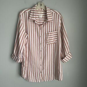 Nicole Miller 100% Linen Button-Down Shirt Blouse Women’s L Striped Mauve Beach